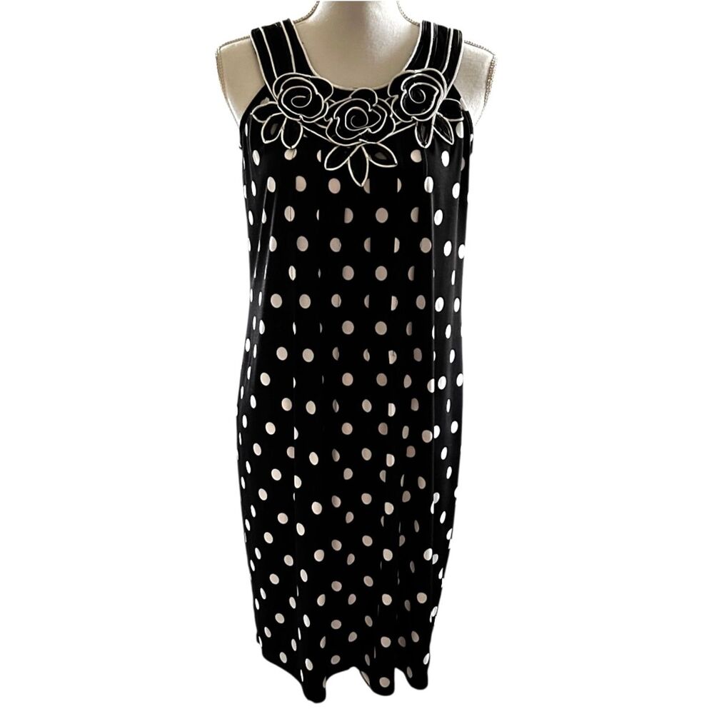 Dressbarn Vintage Inspired Polka Dot Sheath Dress Floral Appliqué Size 6